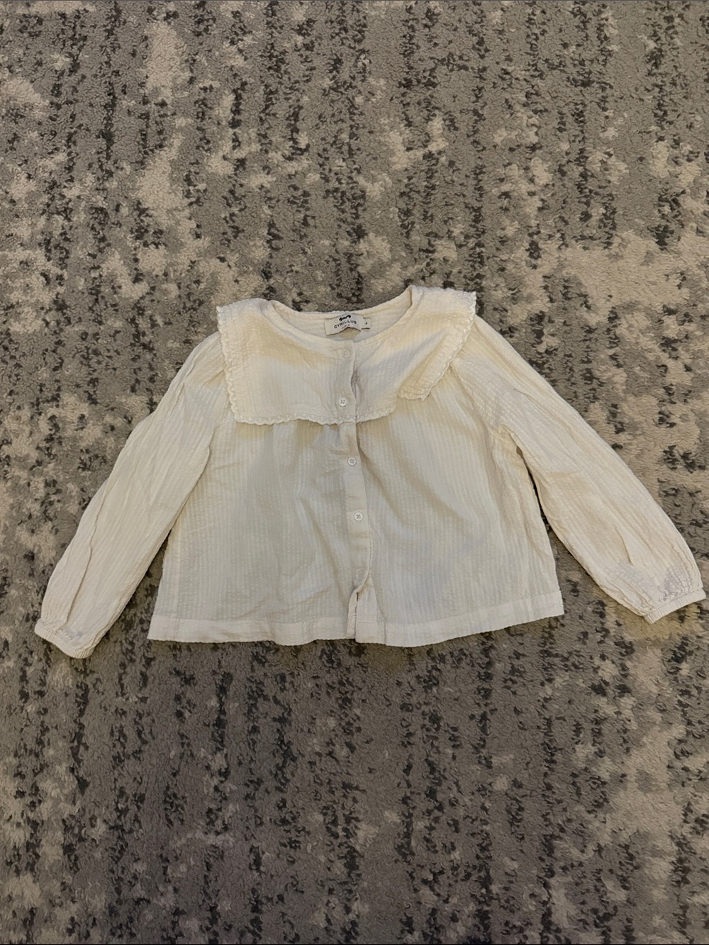 Cyrillus Cream Button-Front Blouse with Ruffled Peter Pan Collar